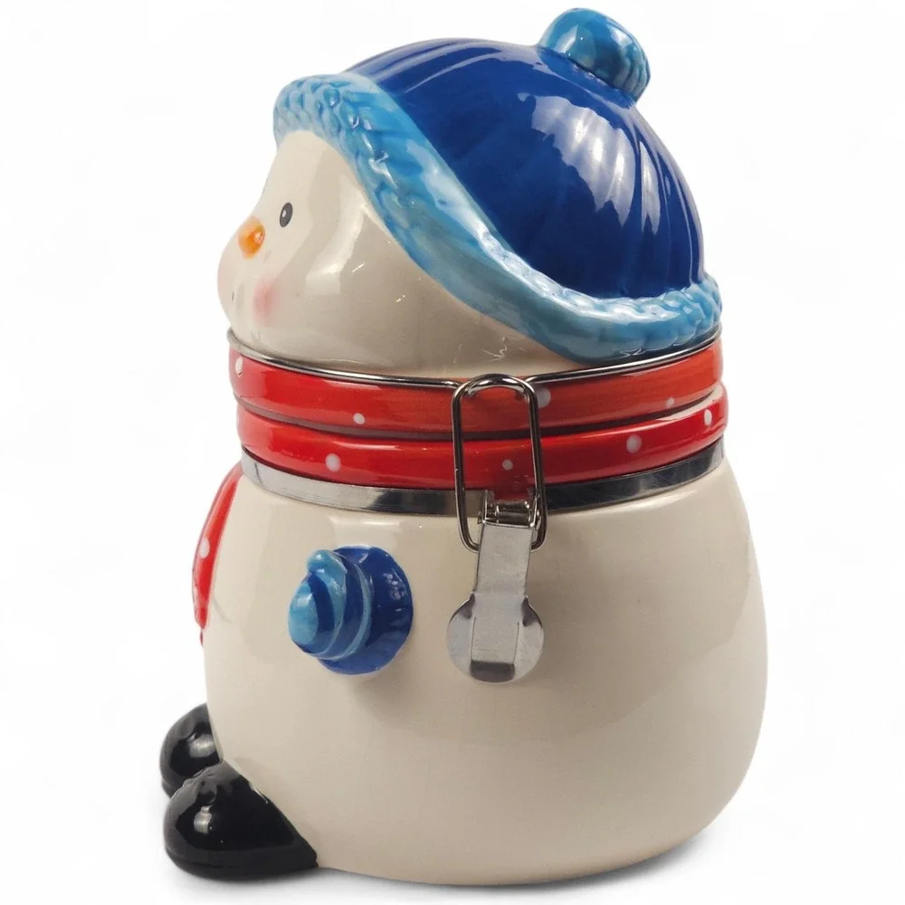 Ceramic Snowman Jar Clamp Lid Canister Christmas Holiday Candy Cookie Container